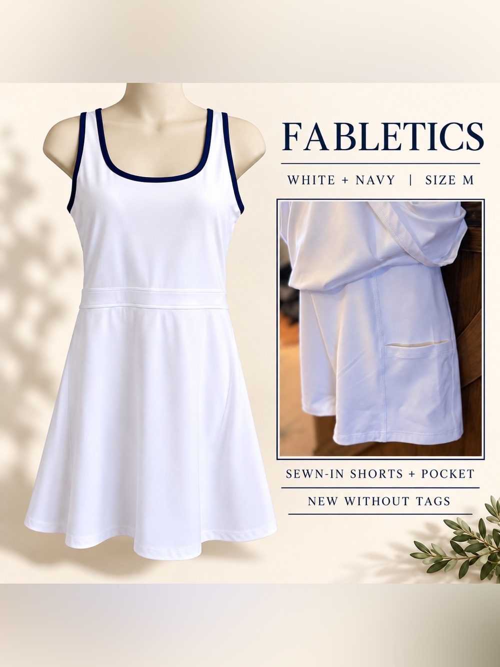 Fabletics White Navy Tennis Dress Built-In Shorts Pocket M NWOT
